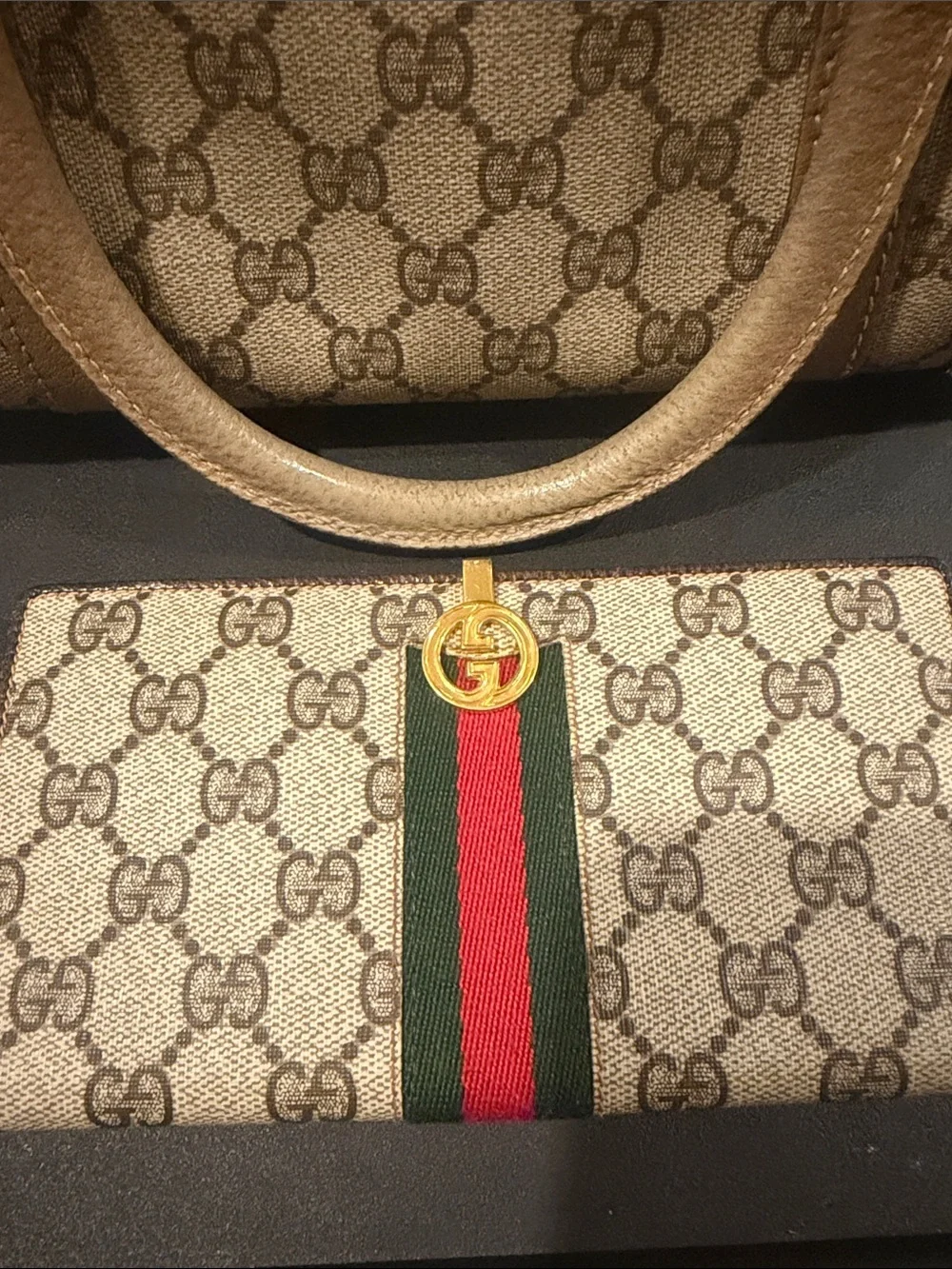 Gucci Beige GG Supreme Canvas Continental Wallet with Red and Green Web